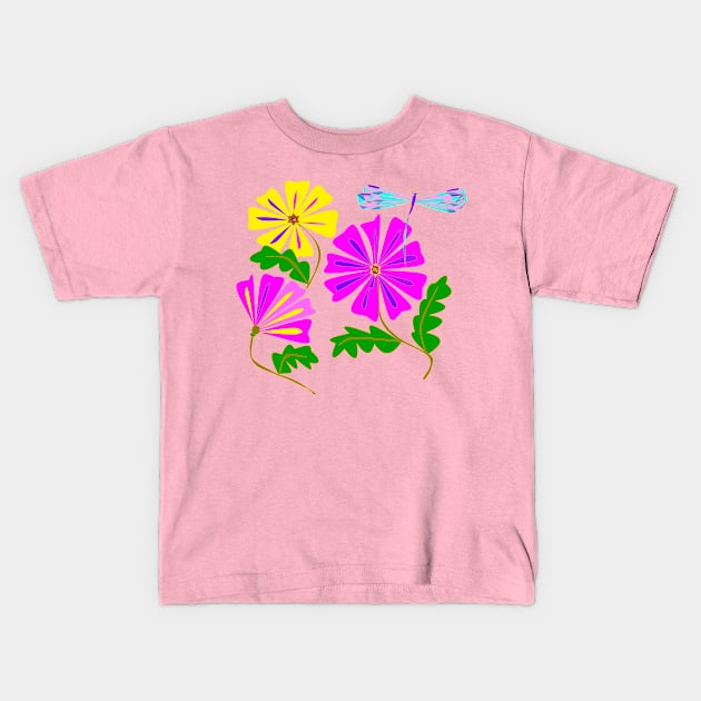 A Floral Design with a Dragonfly Kids T-Shirt by YudyisJudy